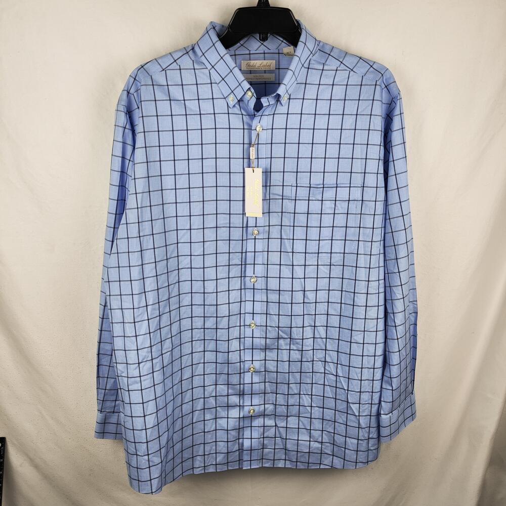 Roundtree & Yorke Shirt Mens XLT Blue Check Gold Label Non Iron Dress Cotton
